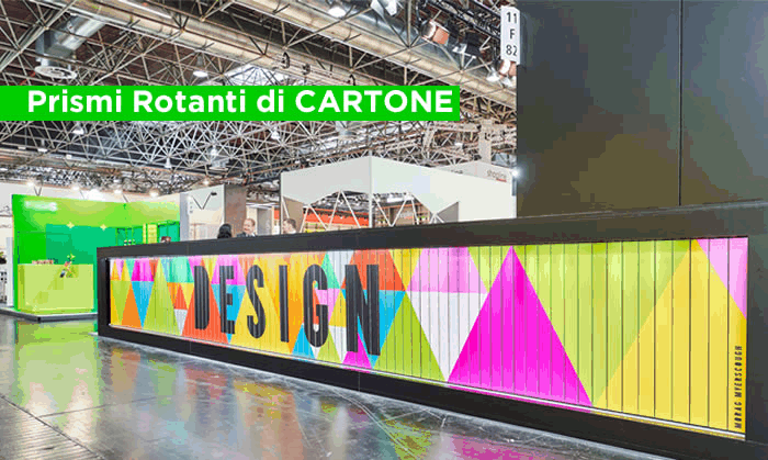 prismi rotanti in cartone per vetrine creatove, eventi e fiere